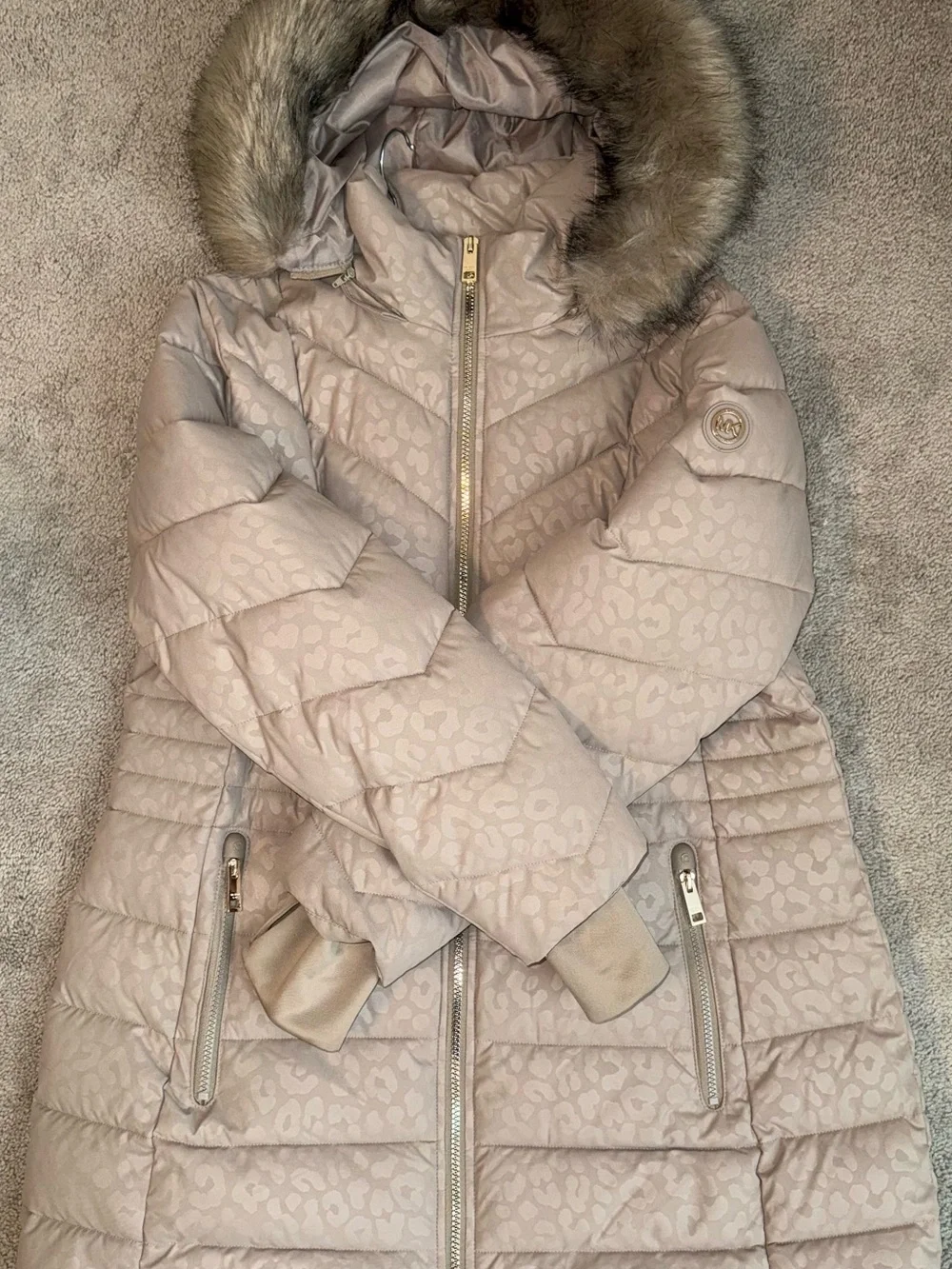 Michael Kors Light Taupe Leopard-Print Puffer Coat with Faux Fur Trim